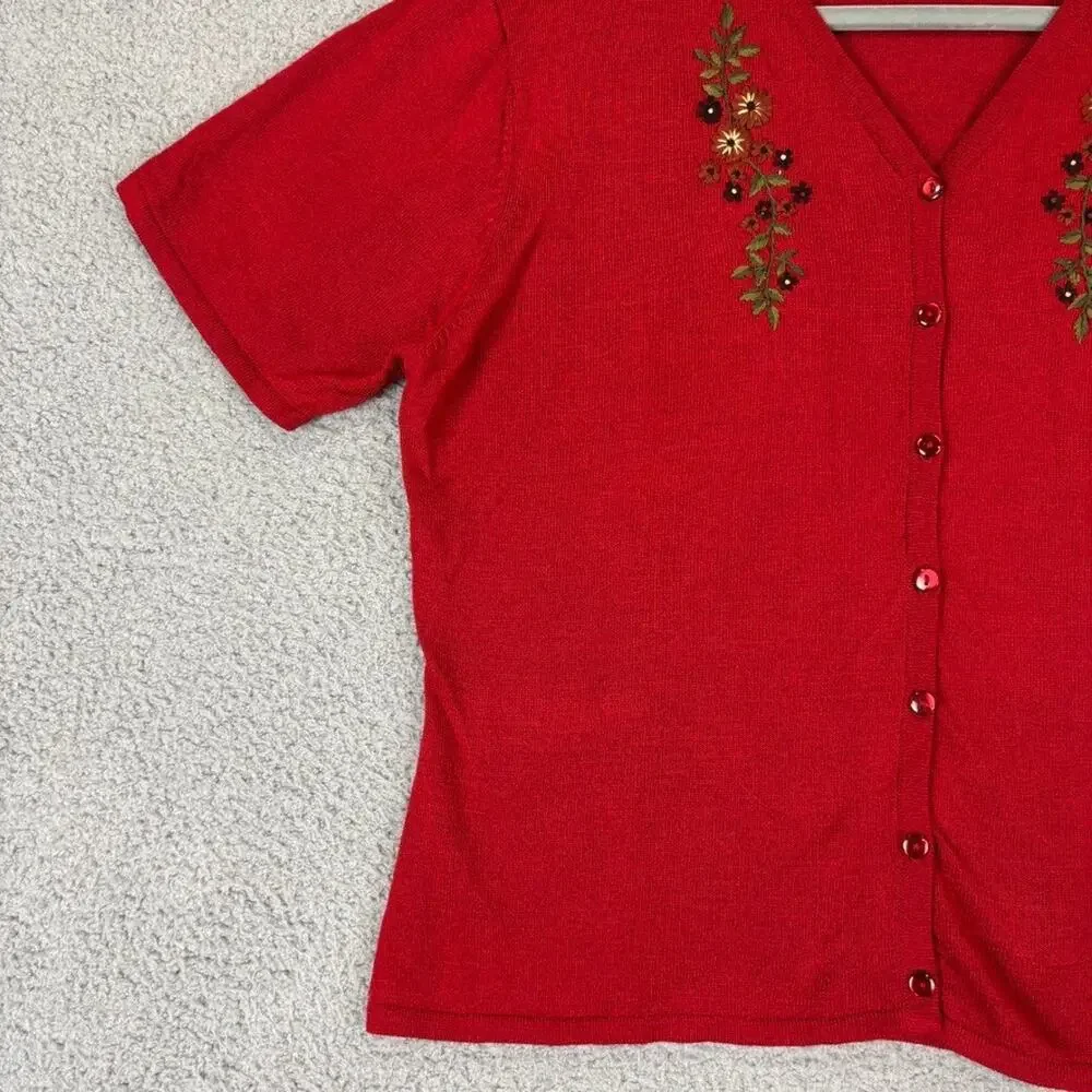 Vtg Embroidered Cardigan Sweater Lg Red Boho Cottage Country Grandma Lightweight